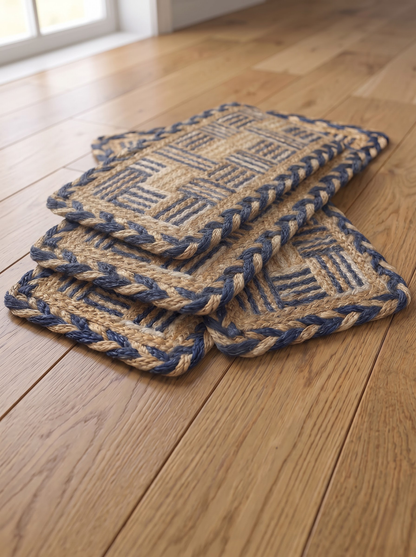 Multicolor Chindi Border Jute Stair Treads, Hand Braided Boho Mats