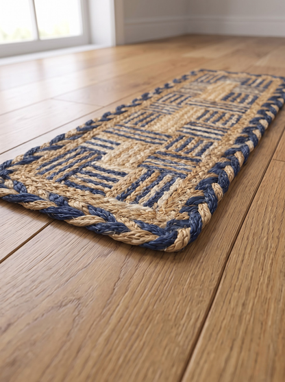 Multicolor Chindi Border Jute Stair Treads, Hand Braided Boho Mats