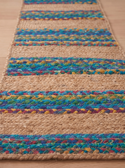 Turquoise Inlay Handwoven Stair Tread Mats, Boho Staircase Step Decor (Set)