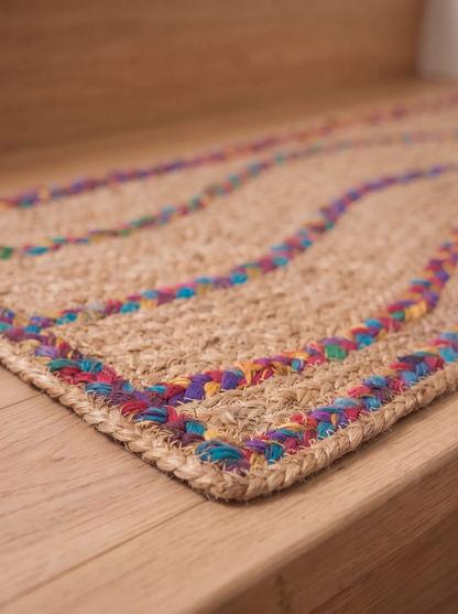 Braided Handmade Stair Treads, Multicolor Squiggle Pattern, Boho Staircase Mats (Set)