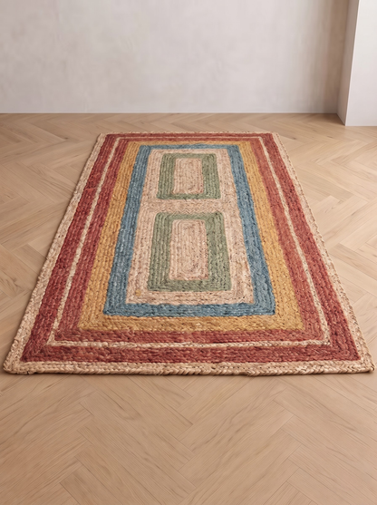 Braided Jute Stair Treads Set, Colorful Rainbow Boho Runner Rugs, Non-Slip Farmhouse Style