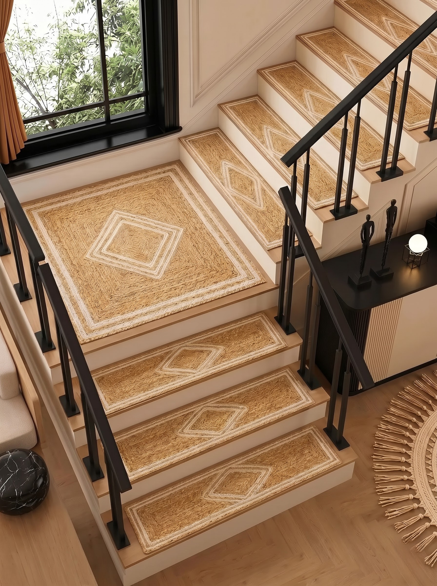 Multicolor Braided Jute Stair Treads, Country Farmhouse Step Mats