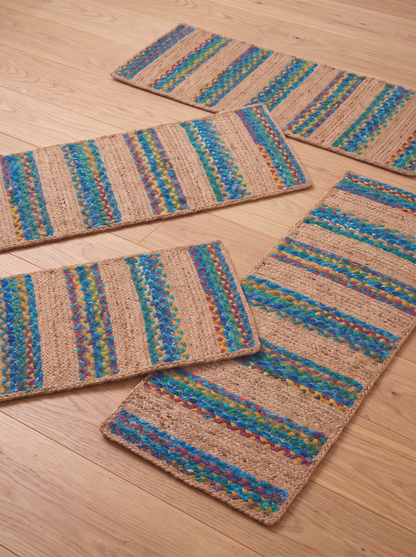 Turquoise Inlay Handwoven Stair Tread Mats, Boho Staircase Step Decor (Set)