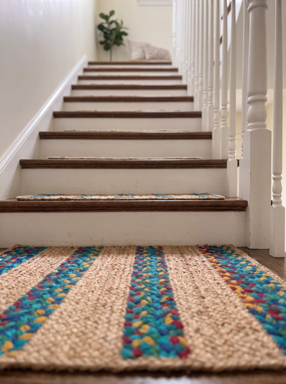 Turquoise Inlay Handwoven Stair Tread Mats, Boho Staircase Step Decor (Set)
