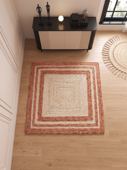 Boho Terracotta Border Braided Jute & Cotton Rug Rustic Farmhouse Entryway & Accent Mat