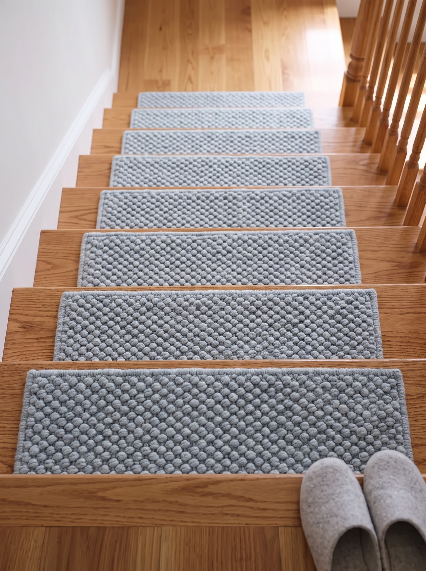 Powder Blue Wool Stair Treads Set, Pebble Non-Slip Carpet Mats, Coastal Farmhouse Rug