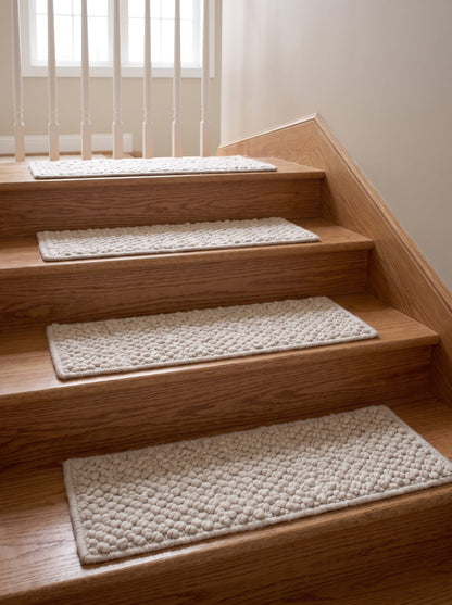 Handwoven Wool Stair Treads, Cream Pebble Loop Step Mats with Non-Slip Rug Pads
