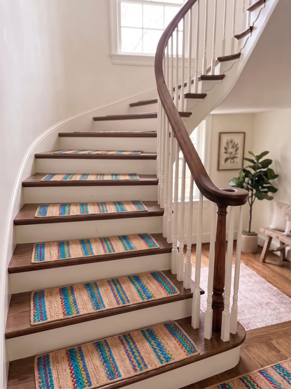 Turquoise Inlay Handwoven Stair Tread Mats, Boho Staircase Step Decor (Set)