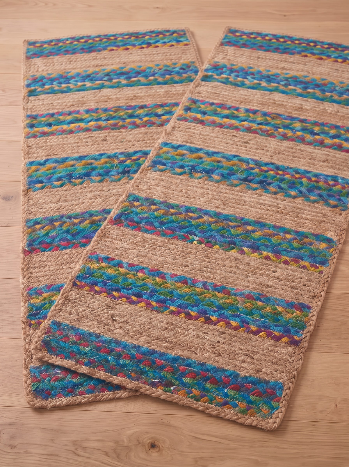 Turquoise Inlay Handwoven Stair Tread Mats, Boho Staircase Step Decor (Set)