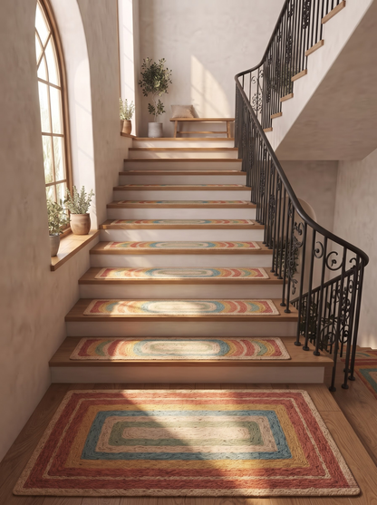 Braided Jute Stair Treads Set, Colorful Rainbow Boho Runner Rugs, Non-Slip Farmhouse Style