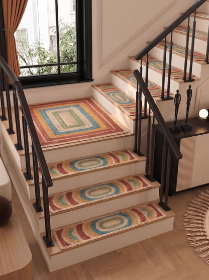 Braided Jute Stair Treads Set, Colorful Rainbow Boho Runner Rugs, Non-Slip Farmhouse Style