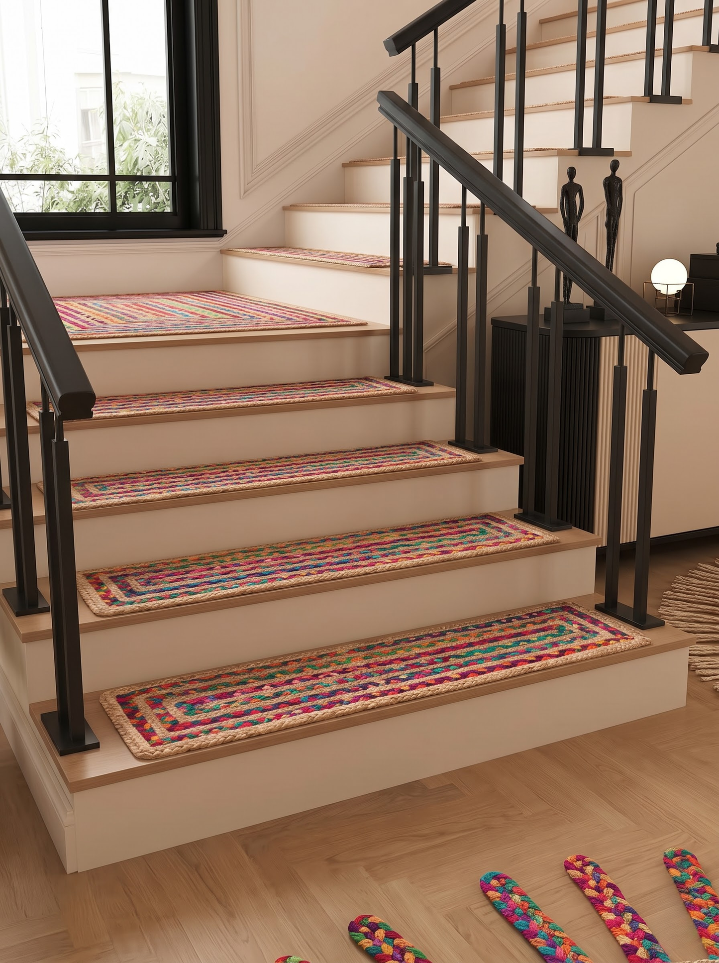 Multicolor Braided Jute Stair Treads, Country Farmhouse Step Mats