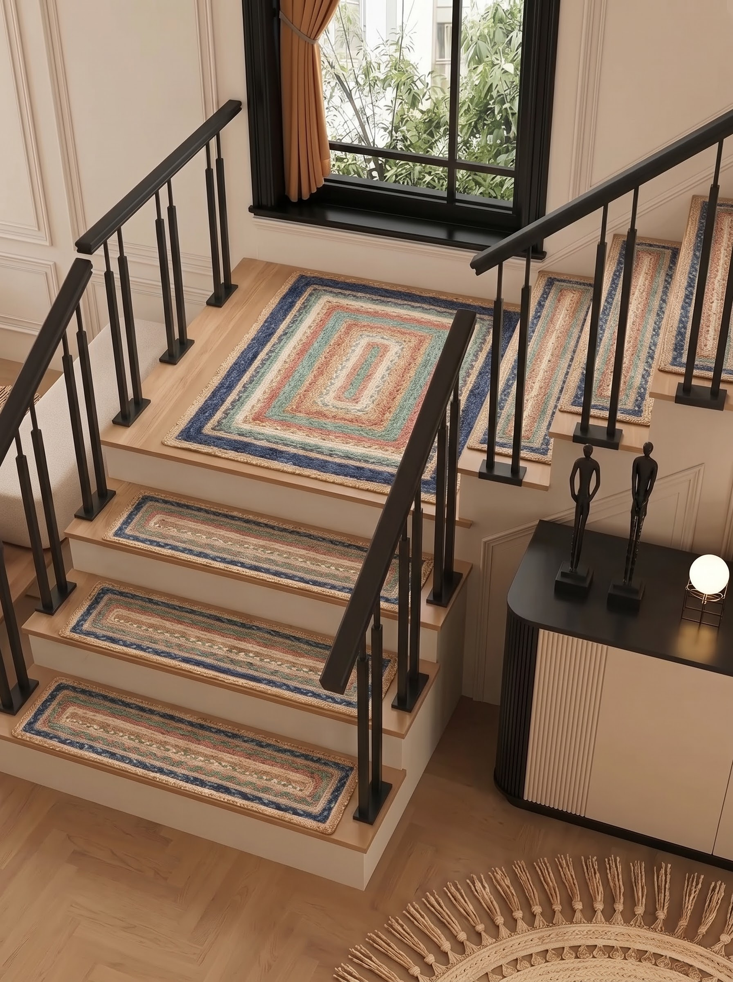 Multicolor Braided Jute Stair Treads, Country Farmhouse Step Mats