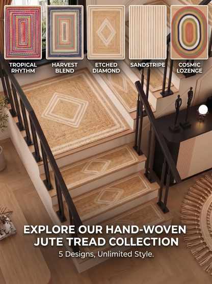 Multicolor Braided Jute Stair Treads, Country Farmhouse Step Mats