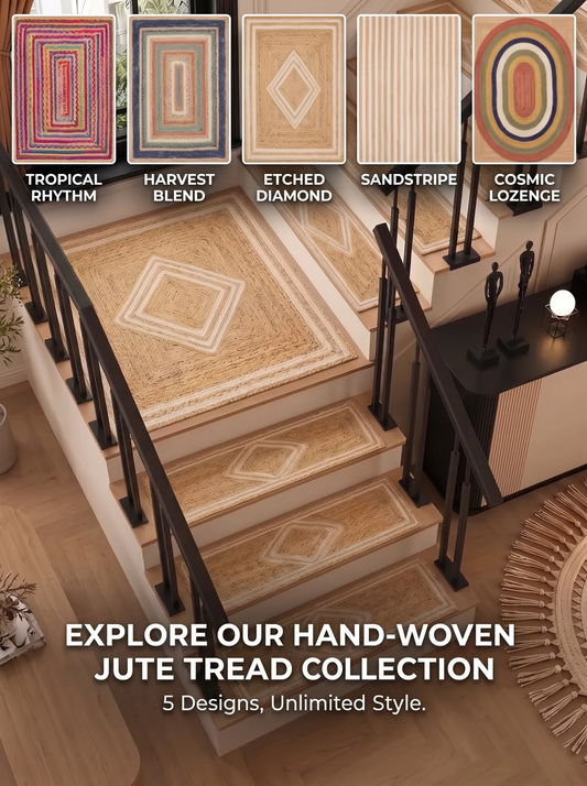 Multicolor Braided Jute Stair Treads, Country Farmhouse Step Mats