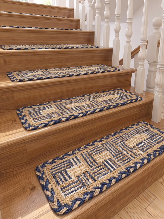 Multicolor Chindi Border Jute Stair Treads, Hand Braided Boho Mats