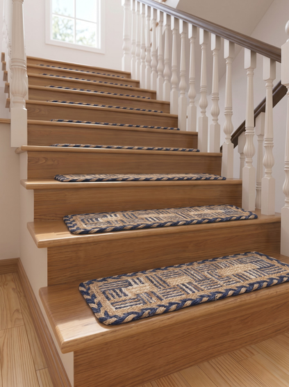 Multicolor Chindi Border Jute Stair Treads, Hand Braided Boho Mats