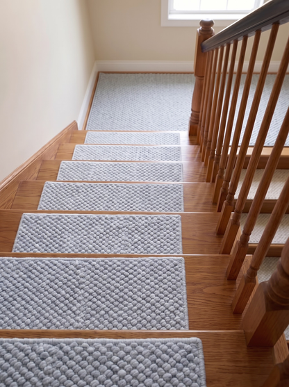 Powder Blue Wool Stair Treads Set, Pebble Non-Slip Carpet Mats, Coastal Farmhouse Rug