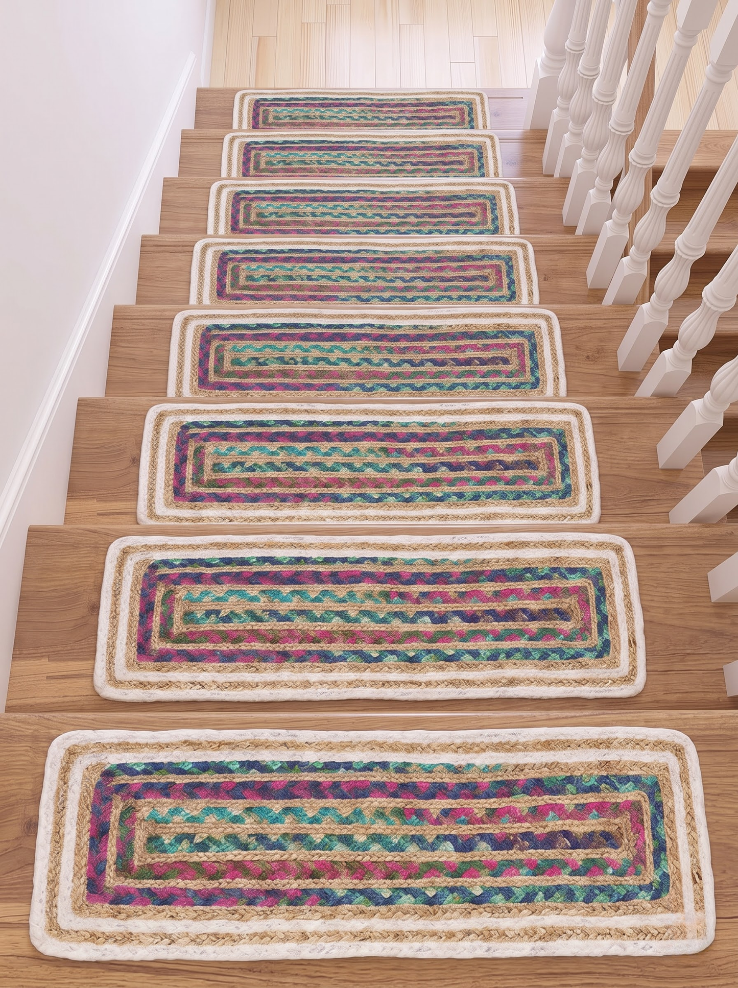 Multicolor Chindi Border Jute Stair Treads, Hand Braided Boho Mats