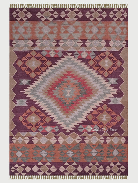 Natural Dark Red Hand Woven Wool Rug