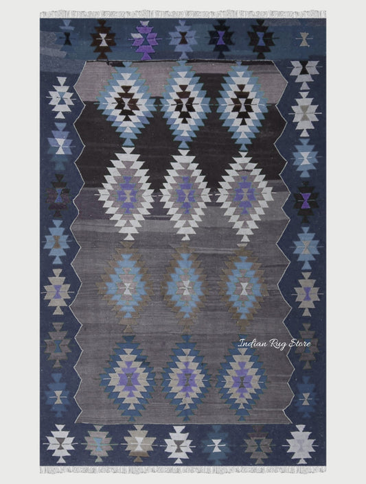 Natural Hand Woven Blue and Brown Wool Hall Area Rug