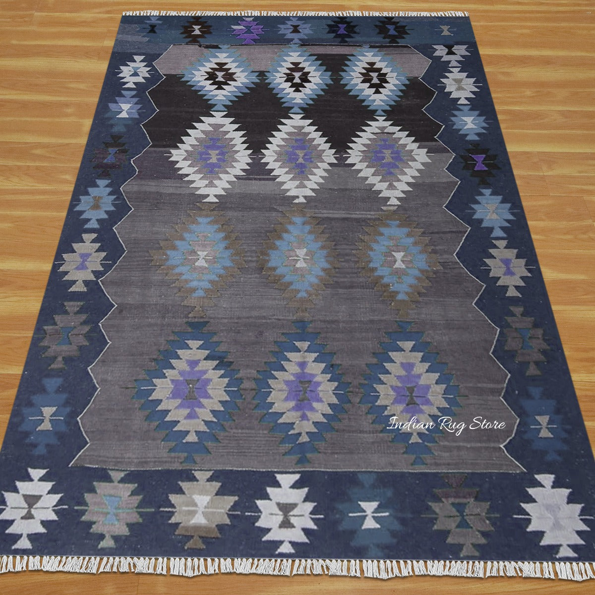 Natural Hand Woven Blue and Brown Wool Hall Area Rug