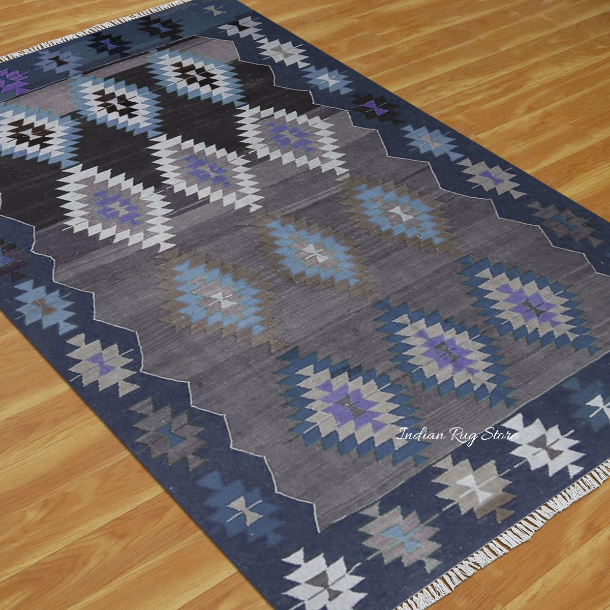 Natural Hand Woven Blue and Brown Wool Hall Area Rug