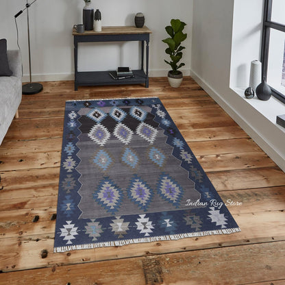 Natural Hand Woven Blue and Brown Wool Hall Area Rug