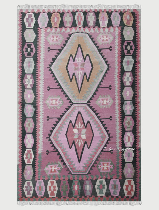 Light Pink Kilim With Black Bordered for Room Area