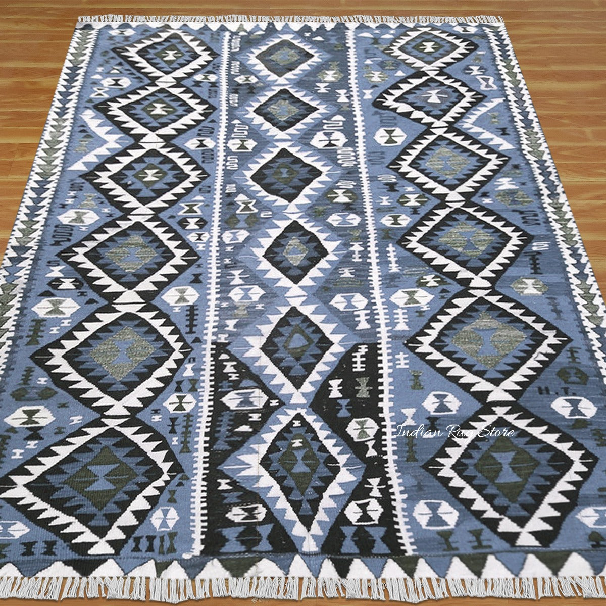 Blue Hand Crafted Wool Living Area Kilim