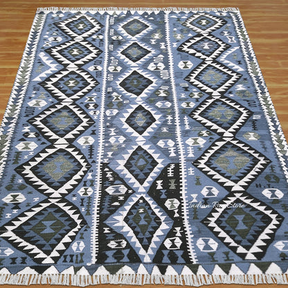 Blue Hand Crafted Wool Living Area Kilim