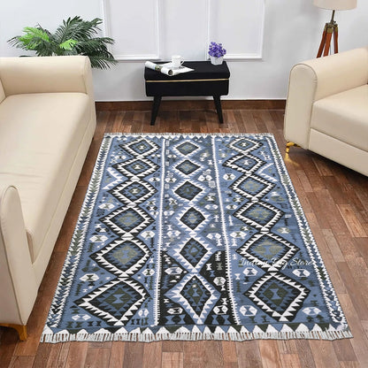 Blue Hand Crafted Wool Living Area Kilim