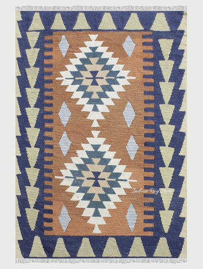 Gray Kilim With Blue Bordered Area Hand Woven Wool Kilim