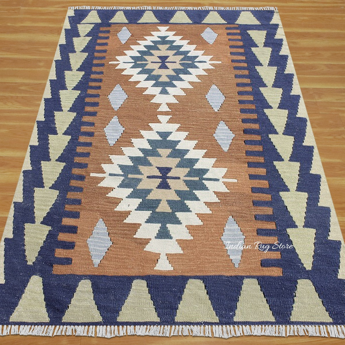 Gray Kilim With Blue Bordered Area Hand Woven Wool Kilim