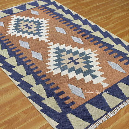 Gray Kilim With Blue Bordered Area Hand Woven Wool Kilim