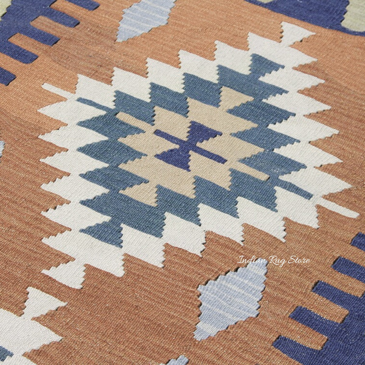 Gray Kilim With Blue Bordered Area Hand Woven Wool Kilim