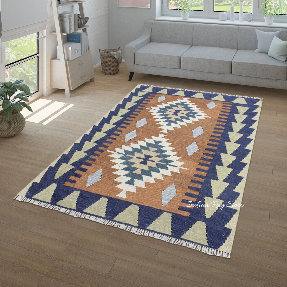 Gray Kilim With Blue Bordered Area Hand Woven Wool Kilim