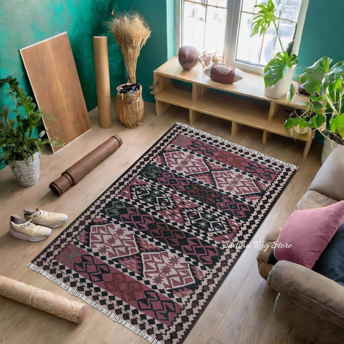 Red and Black Bordered Hand Crafted Wool Kilims