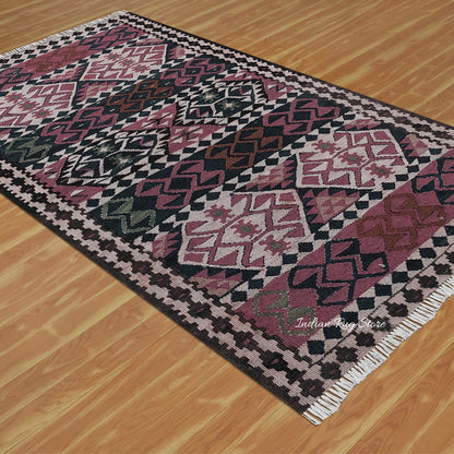 Red and Black Bordered Hand Crafted Wool Kilims