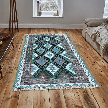 Beautiful Gray Bordered Hand Crafted Wool Area Kilim