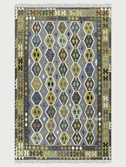 Green and Gray Handmade Beautiful Hall Area Kilim