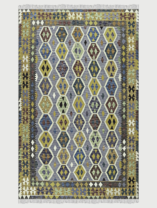 Green and Gray Handmade Beautiful Hall Area Kilim