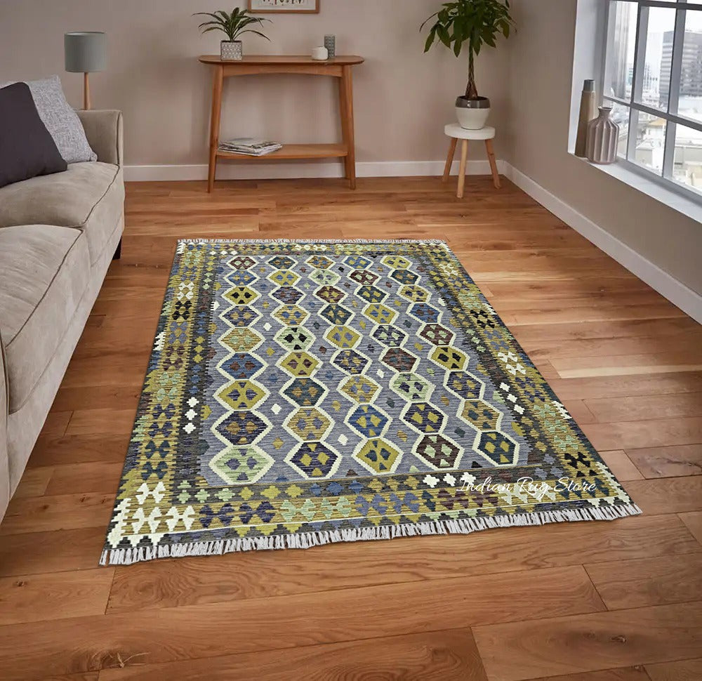 Green and Gray Handmade Beautiful Hall Area Kilim