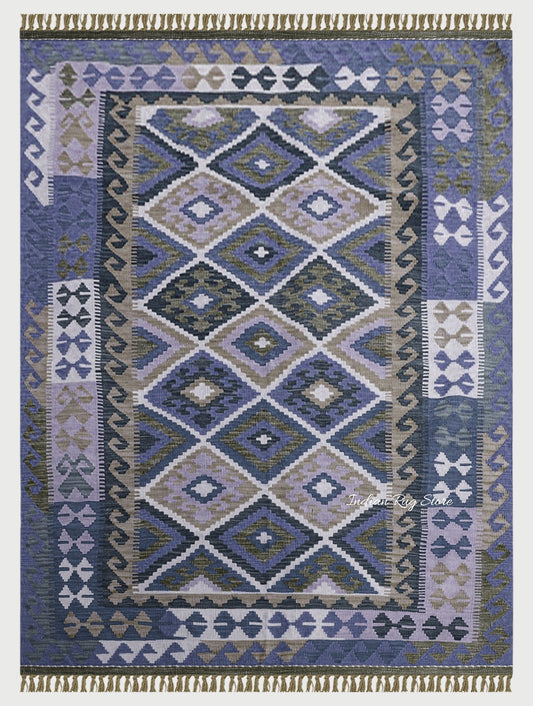 Blue and Gray Hand Woven Kilim for Bedroom Rug