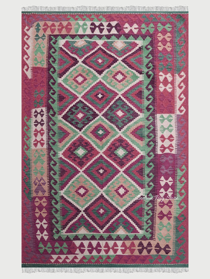 Pink and Green Handmade Home Decor Kilim