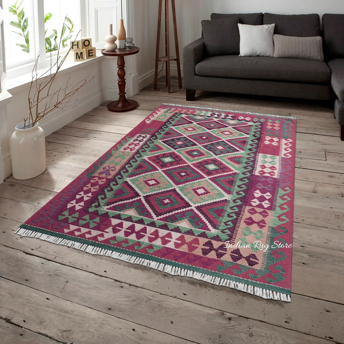 Pink and Green Handmade Home Decor Kilim