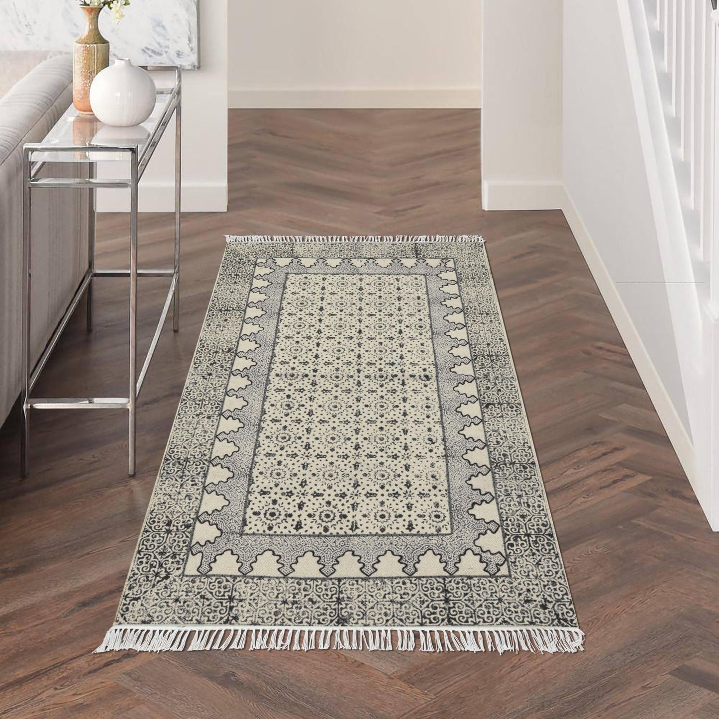 Hand Embroidery Work Moroccan Gray Beige Bedroom Decor Cotton Rug