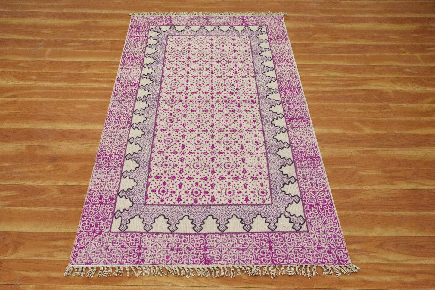 Hand Embroidery Work Geometric Pink Beige Outhouse Decor Cotton Rug