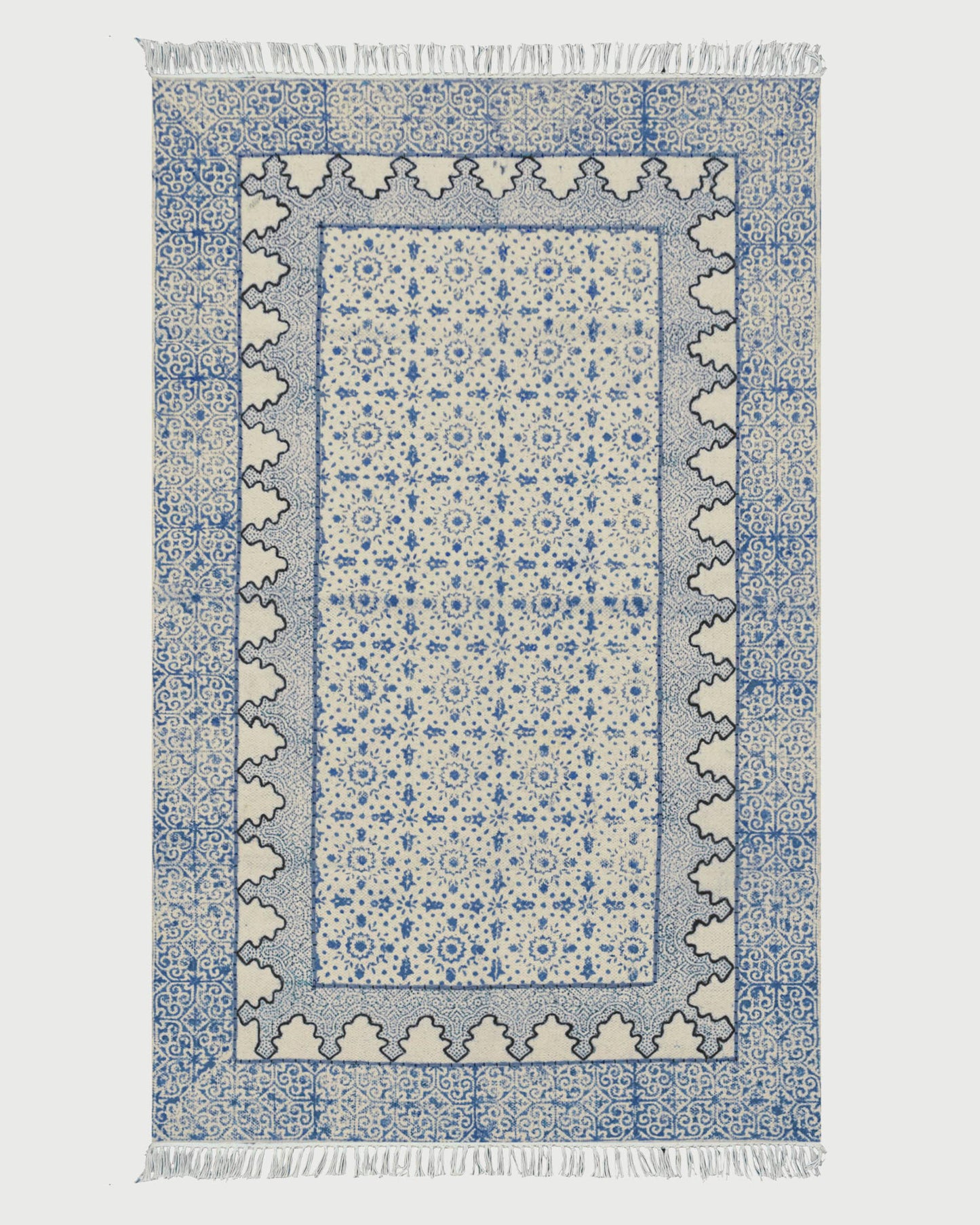 Hand Embroidery Work Geometric Blue Beige Outhouse Decor Cotton Rug