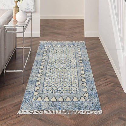 Hand Embroidery Work Geometric Blue Beige Outhouse Decor Cotton Rug